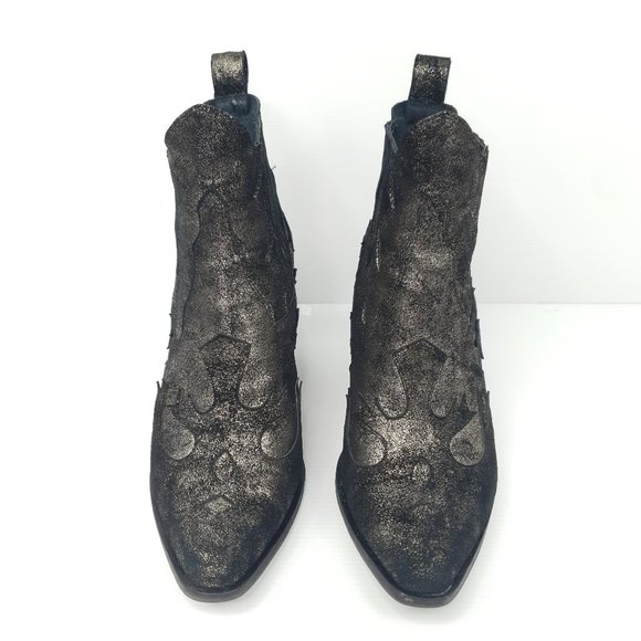 Wittner Wasson Suede Cowboy Boot Black Gold Sparkle Star Block Heel Size 37 - Picture 3 of 13